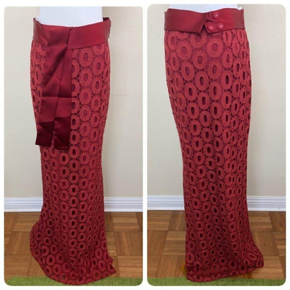St. John Soutache Column Long Feminine Croquette Lace Maxi Skirt 4 Red Burgundy - Picture 2 of 14